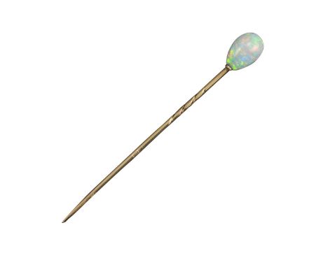 An opal stick pin, the egg-shaped crystal opal set on a gold pin, case