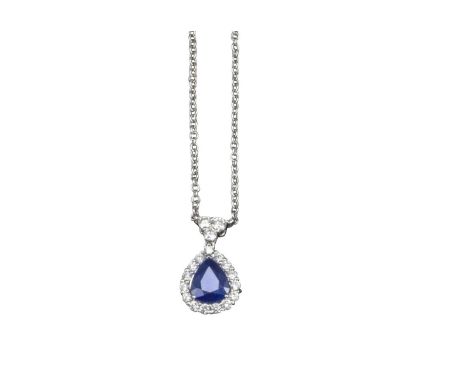 A sapphire and diamond pendant, the pear-shaped sapphire set within a surround of circular-cut diamonds and a further diamond