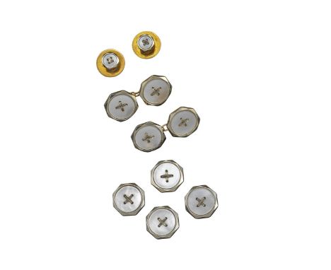 A cased set of dress cufflinks and studs, the yellow and white gold button-form studs formed as a circular disc of mother-of-
