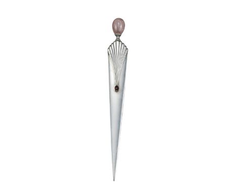 A silver paperknife by Fabergé, work master Anna Ringe, egg-form rose quartz terminal with capstan form silver joint, lobed u