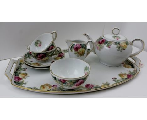 A THOMAS OF BAVARIA "SEVRES" PATTERN PORCELAIN CABARET SET comprising; a tray, pair of saucers, pair of cups, teapot, sugar b