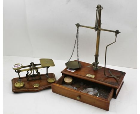 A 19TH CENTURY APOTHECARY'S BALANCE SCALE, brass beam balance upon a mahogany box base with drawer, bears ivorine label "S.Ma