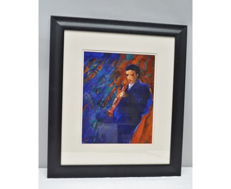 VICTORIA MULLINS "Rhythm &amp; Blues" Clarinet Player, an Acrylic Study, monogrammed, 31cm x 25cm, double mounted in black fi