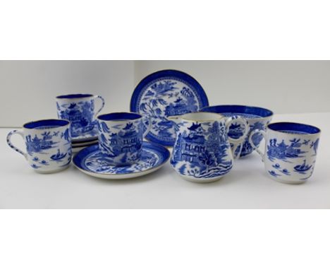 A PART BLUE AND WHITE COPELAND COFFEE SET, Chinoiseries design, circa 1900 comprising; 5 saucers, 5 cups, sugar bowl and crea