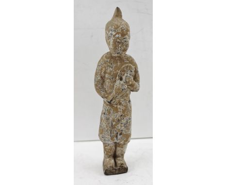 A CHINESE HAN DYNASTY (206BC-220AD) AN UNGLAZED STONEWARE ATTENDANT FIGURE, carrying a flask of wine, 23cm high 