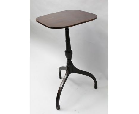 A 19TH CENTURY MAHOGANY WINE TABLE, having squared top over turned stem, on arched tripod supports, with carved bell husk dec