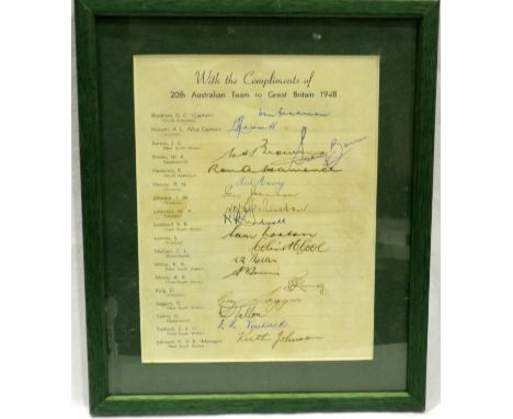 1948 Australian Cricket Tourists signed team sheet, Bradman Captain. Excluding frame: P&amp;P Group 1 (£14+VAT for the first 