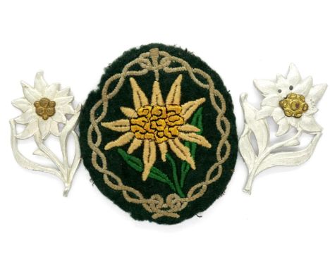 German WWII Edelweiss Mountain Troops embroidered Ski Badge and two collar badges. P&amp;P Group 1 (£14+VAT for the first lot