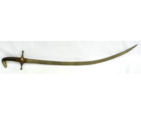 A 19th century Indo-Persian Shamshir sabre with white metal mounted pommel and Damascus steel blade, overall 95 cm. P&amp;P G