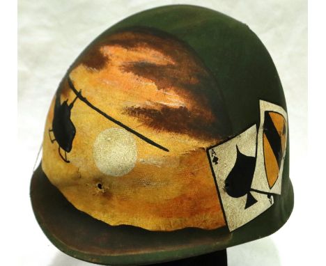 Vietnam War period US MI helmet liner, with memorial painting. P&amp;P Group 2 (£18+VAT for the first lot and £3+VAT for subs