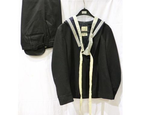 Royal Navy seamans uniform, jumper and trousers with tally for HMS Collingwood and 1942 dated seamens collar. P&amp;P Group 2