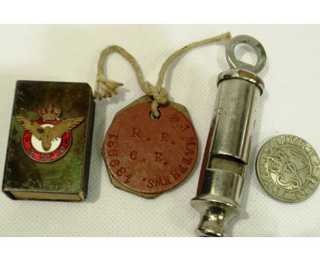 Articles relating to 439931 W J Matthews RE, including dogtags, Hudson whistle, Loyal Service buttonhole and enamelled matchb