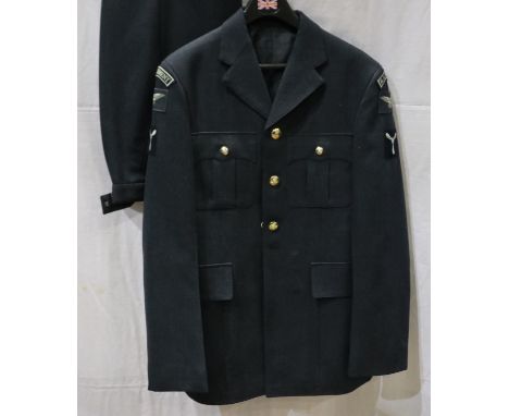 RAF Regiment Senior Aircraftsman tailored parade tunic and trousers badged for the Queens Colour Squadron, approximate size M