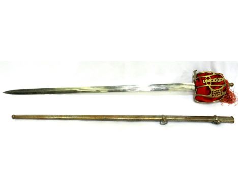 20th century basket hilt sword with scabbard. P&amp;P Group 3 (£25+VAT for the first lot and £5+VAT for subsequent lots) 