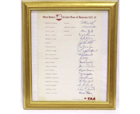 West Indies Australian Tour Team 1975-1976 signed team sheet. Excluding frame: P&amp;P Group 1 (£14+VAT for the first lot and