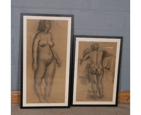 20th Century, two nude female studies, sketch on paper, both housed in ebonised glazed frames, the largest 57.5cm x 109.5cm&n