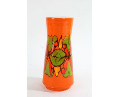 Poole pottery Delphis vase, with green and yellow decoration on an orange ground, by Carol Cutter Kellett, 23cm tall