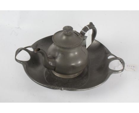 German Kayserzinn Art Nouveau pewter twin handled dish, 33.5cm wide, together with a James Dixon pewter teapot (2)