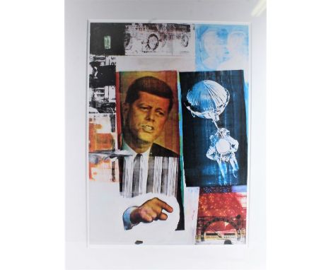 After Robert Rauschenberg, large framed poster print, depicting John. F. Kennedy, housed in a black and glazed frame, 55cm wi