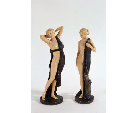 After Ferdinand Preiss (1882-1943), a pair of Art Deco style simulated ivory semi nude classical female figures, stamped 'F. 