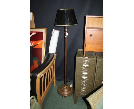 Art Deco copper telescopic standard lamp, raised on three circular feet, impressed marks to the base, 152cm high including sh