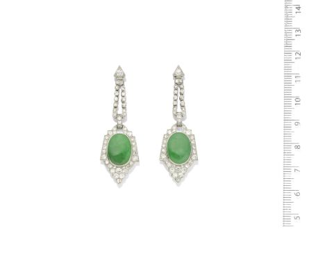 A pair of Art Deco jadeite and diamond pendent earrings, circa 1930Each shield-shaped pendant set with an oval jadeite caboch