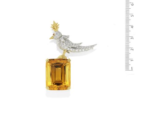 A citrine and diamond 'Bird on a Rock' brooch,  by Schlumberger for TiffanyThe brilliant-cut diamond-set bird standing atop a