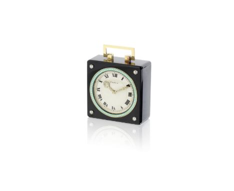 An Art Deco onyx, enamel, diamond and gold desk clock, by Cartier, circa 1920The rounded edged square black onyx case inset a