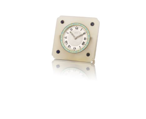 An Art Deco agate, enamel and sapphire desk clock, by Cartier, circa 1925The square-shaped smoky agate frame with shaped corn