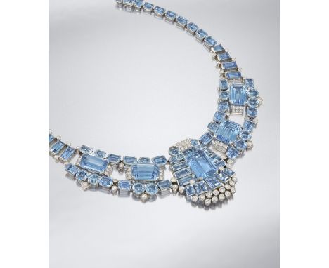 An Art Deco aquamarine and diamond necklace, by Cartier, circa 1940The highly articulated collar of geometric design, graduat