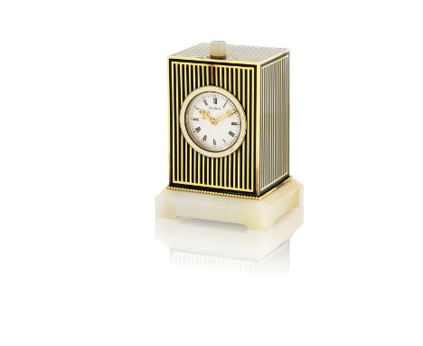 A gold, enamel and agate minute repeating carriage clock, by Cartier, circa 1920The rectangular gold case decorated with stri