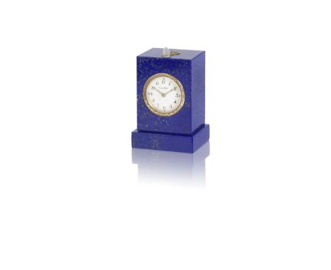An Art-Deco Lapis lazuli, moonstone and diamond minute repeating desk clock, by Cartier, circa 1910The rectangular lapis lazu
