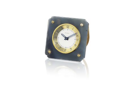 A gilt and agate desk clock, by Doxa Watch, retailed by Cartier, circa 1950The square agate case with shaped corners, applied