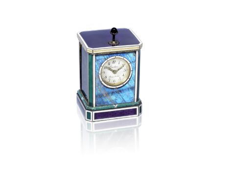 A Belle Époque labradorite, amethyst, enamel and gold minute repeating desk clock, by Cartier, circa 1908The rectangular case