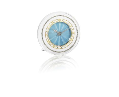 An enamel, rock crystal and diamond strut clock, by Cartier, circa 1918-1919The circular rock crystal case decorated with a r