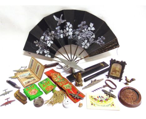 ASSORTED COLLECTABLES  comprising a Johnnie Walker copper pin tray or ash tray; two ebony rulers; an aluminium model aeroplan