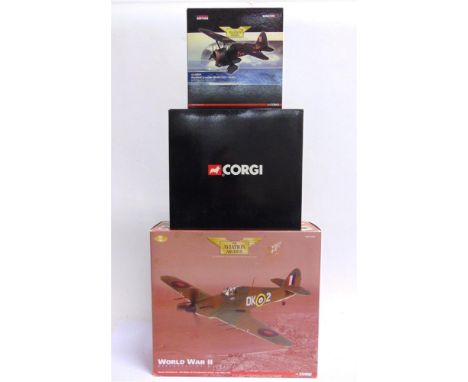 THREE CORGI AVIATION ARCHIVE DIECAST MODEL AIRCRAFT  comprising a 1/32 scale No.AA35502, Hawker Hurricane IIC, AOC Malta, Air