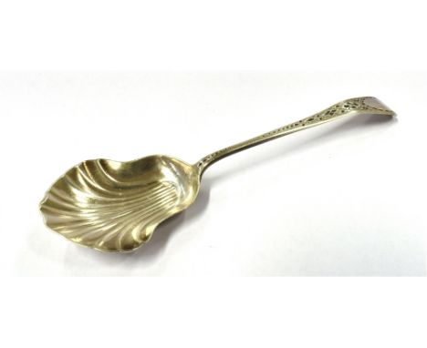 A 19TH CENTURY SILVER CADDY SPOON  the spoon with bright cut handle and fluted shell bowl, lion passant stamp, right facing D