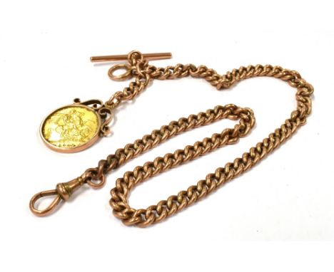 AN EDWARDIAN FULL GOLD SOVEREIGN DOUBLE ALBERT CHAIN  the chain comprising of a rose metal curb link chain with faded link ma