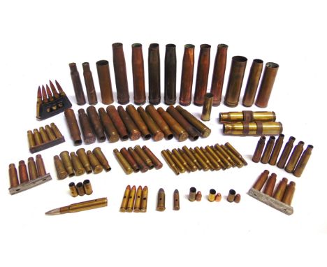 MILITARIA - ASSORTED BRASS SHELL &amp; SMALL ARMS AMMUNITION CASES  (all inert), some on clips, (approximately 88).