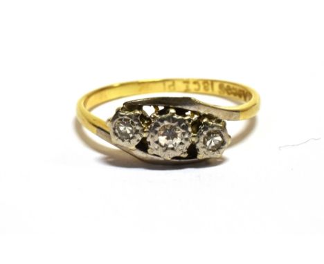 RETRO 18CT &amp; PLAT ILLUSION SET DIAMOND THREE STONE RING Maker mark A.Bros, ring size K ½, weight 2g