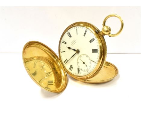 A MID VICTORIAN 18CT GOLD DENT LONDON FULL HUNTER POCKET WATCH  (key wound) the signed white enamel dial numbered 15026 with 