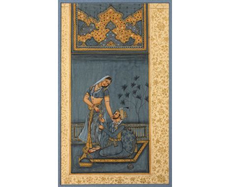 Two Jodhpur School paintingsIndian, 20th Centurythe first depicting a couple in a courtyard, gouache, framed and glazed, 24cm