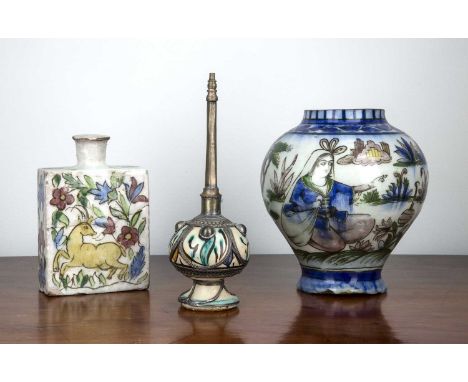 Group of three Qajar pottery objectsIran, early 20th Centurycomprising of a small baluster vase decorated with a courting cou