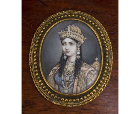 Miniature painting of Mumtaz MahalIndian, Mughal 19th Centuryhalf portrait, dressed in regalia and jewels, watercolour on pap