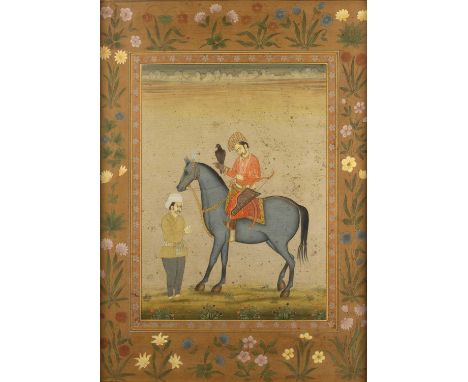 Mughal school portrait of a falconerIndian, 18th Centurydepicted on horseback with an arrow quiver, with a floral border, gou