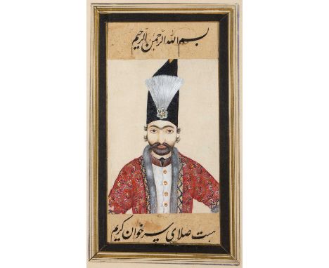 Portrait of a Qajar gentlemanIranian, wearing a Terme jacket with handwritten text, watercolour, framed and glazedSome staini