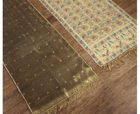 Two Lucknow gold silk sashesIndian, circa 1930sthe first decorated with various animals including peacocks and rabbits, 175cm
