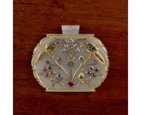 Mughal jade pendantIndian, 18th Centuryset with gem coloured hardstones (untested) in the form of two birds, 4cm acrossGreen 