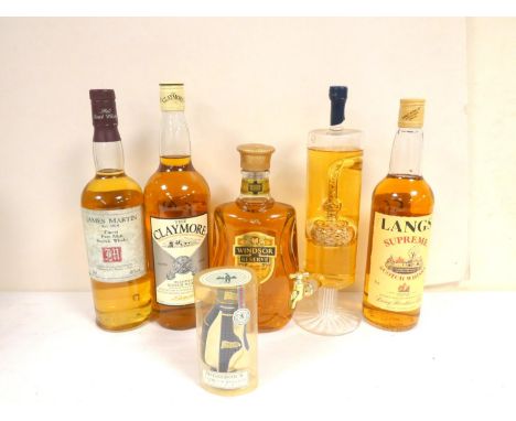 Four bottles of Scotch whisky to include three blends LANGS SUPREME 75cl 40% abv. THE CLAYMORE 40% abv. 1litre, WINDSOR RESER